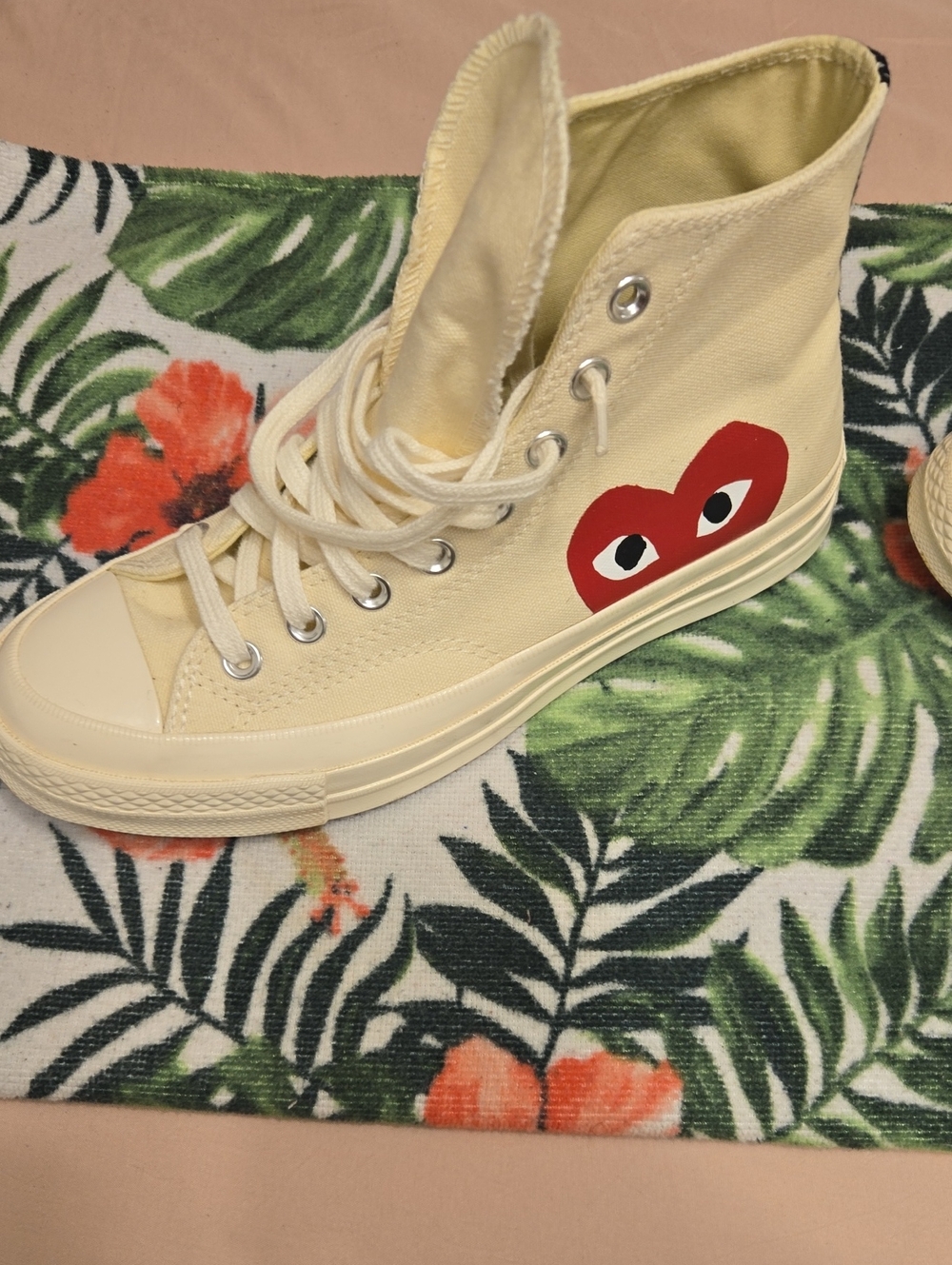 Cream High-Top Canvas Sneaker with Red Heart Graphic